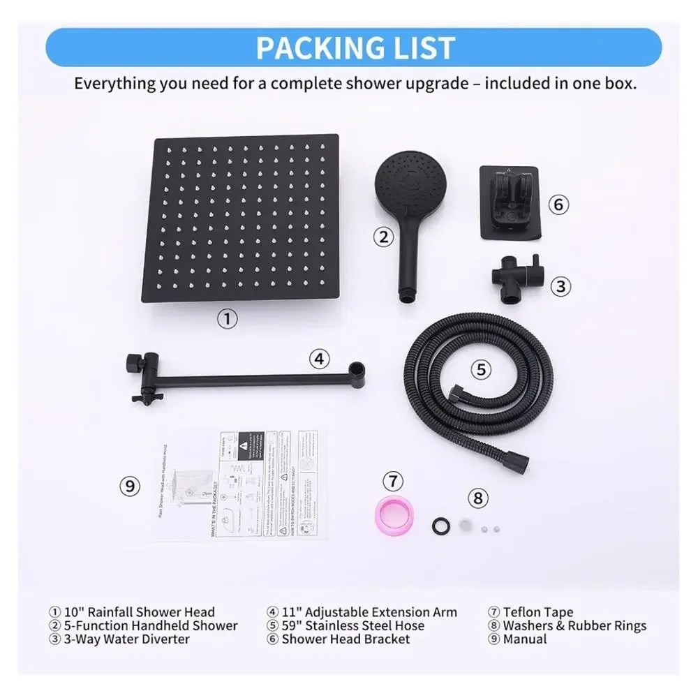 Shower Head Combo 10In High-Pressure Rainfall Shower Head with 11In Adj Arm